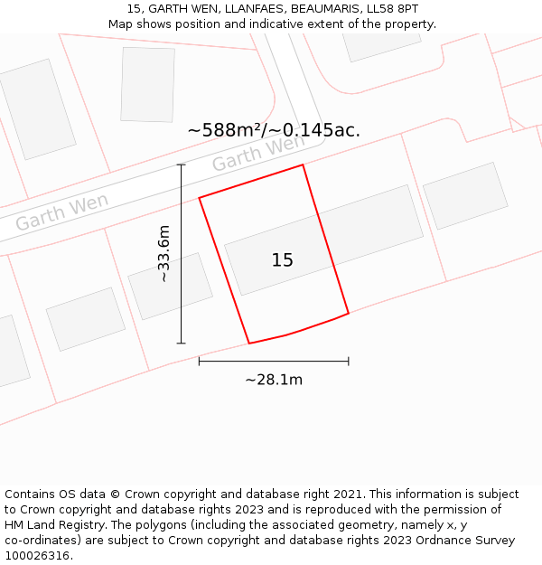 15, GARTH WEN, LLANFAES, BEAUMARIS, LL58 8PT: Plot and title map