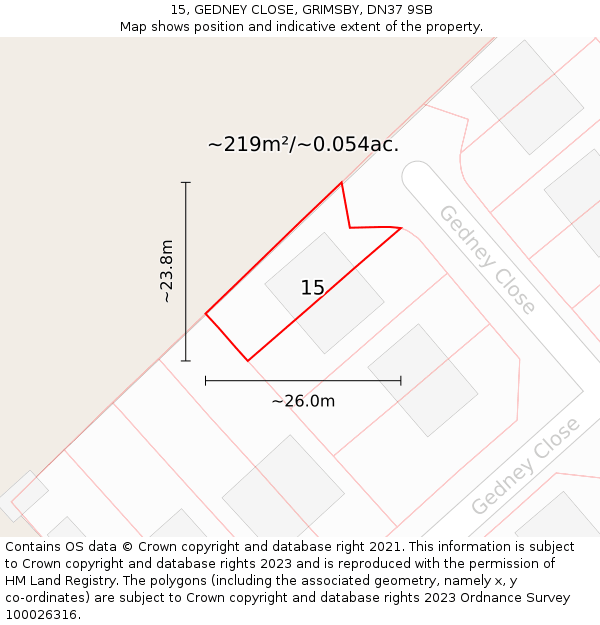15, GEDNEY CLOSE, GRIMSBY, DN37 9SB: Plot and title map