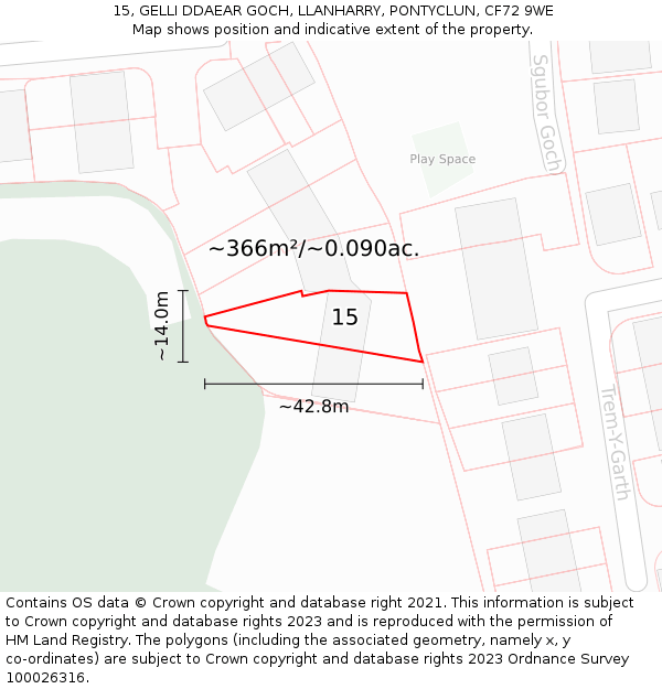 15, GELLI DDAEAR GOCH, LLANHARRY, PONTYCLUN, CF72 9WE: Plot and title map