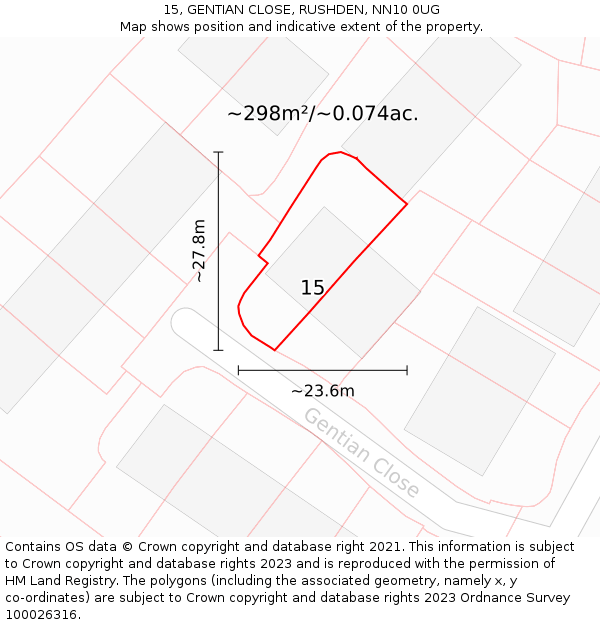 15, GENTIAN CLOSE, RUSHDEN, NN10 0UG: Plot and title map