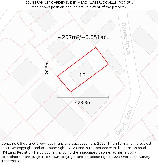 15, GERANIUM GARDENS, DENMEAD, WATERLOOVILLE, PO7 6FN: Plot and title map