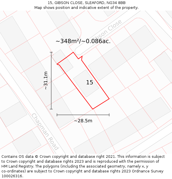 15, GIBSON CLOSE, SLEAFORD, NG34 8BB: Plot and title map