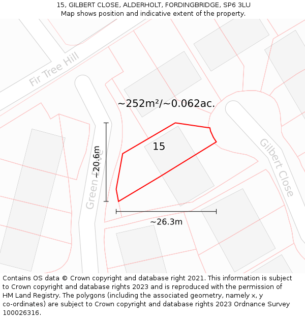 15, GILBERT CLOSE, ALDERHOLT, FORDINGBRIDGE, SP6 3LU: Plot and title map