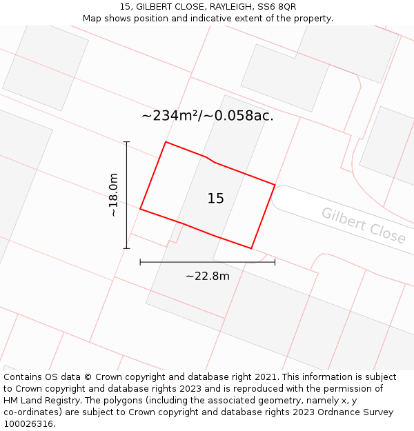 15, GILBERT CLOSE, RAYLEIGH, SS6 8QR: Plot and title map