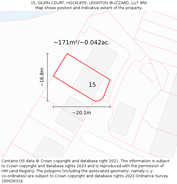 15, GILPIN COURT, HOCKLIFFE, LEIGHTON BUZZARD, LU7 9RX: Plot and title map