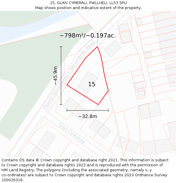15, GLAN CYMERAU, PWLLHELI, LL53 5PU: Plot and title map