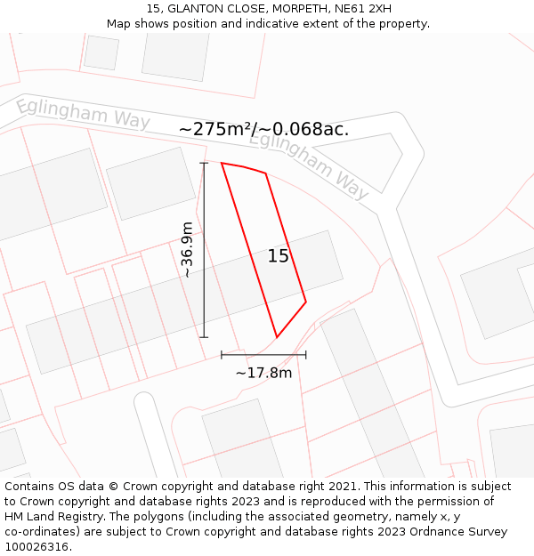 15, GLANTON CLOSE, MORPETH, NE61 2XH: Plot and title map