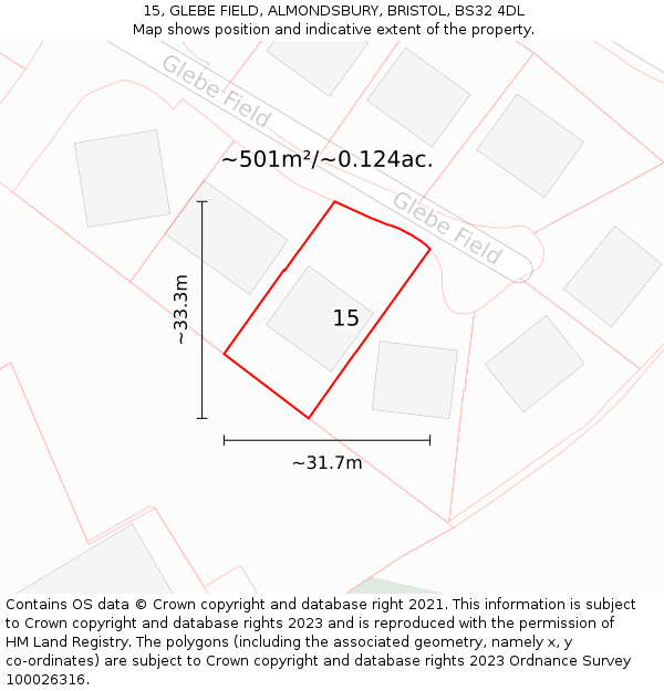 15, GLEBE FIELD, ALMONDSBURY, BRISTOL, BS32 4DL: Plot and title map