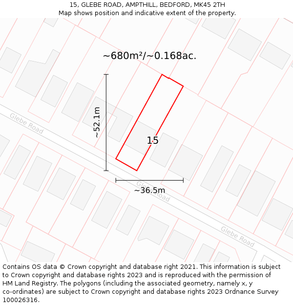 15, GLEBE ROAD, AMPTHILL, BEDFORD, MK45 2TH: Plot and title map