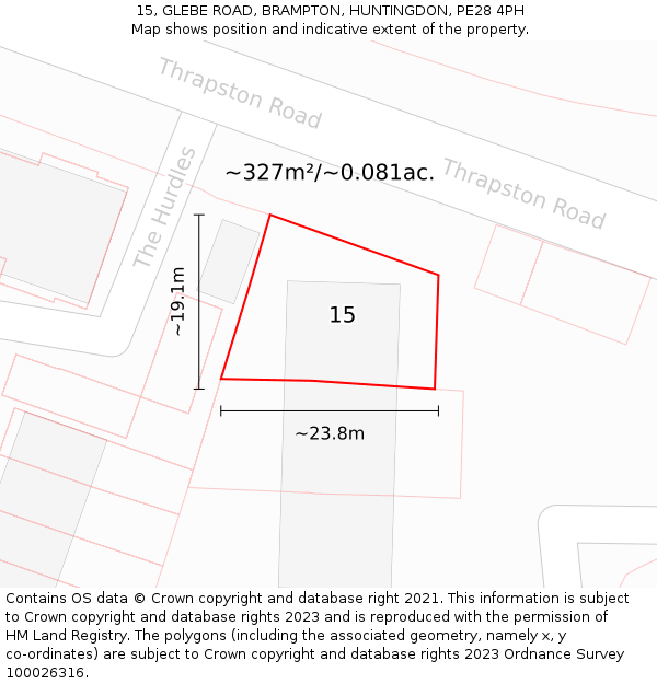 15, GLEBE ROAD, BRAMPTON, HUNTINGDON, PE28 4PH: Plot and title map