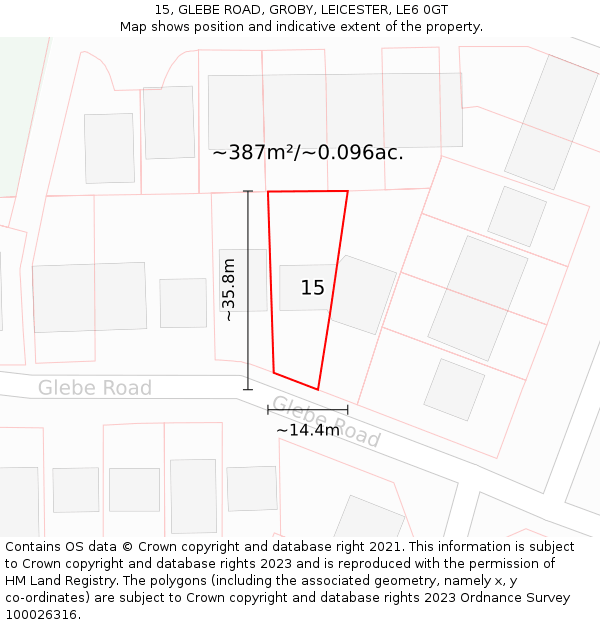 15, GLEBE ROAD, GROBY, LEICESTER, LE6 0GT: Plot and title map