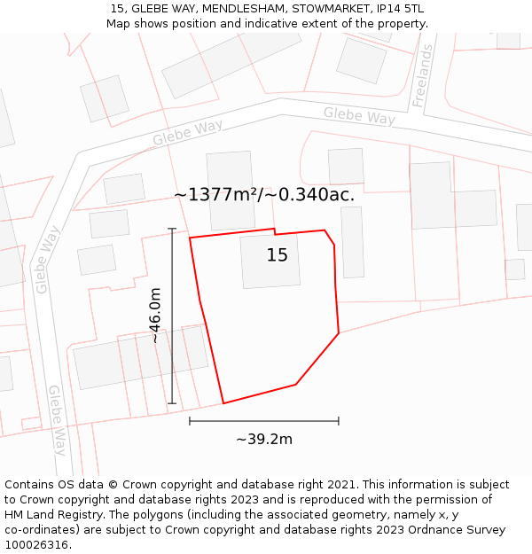 15, GLEBE WAY, MENDLESHAM, STOWMARKET, IP14 5TL: Plot and title map