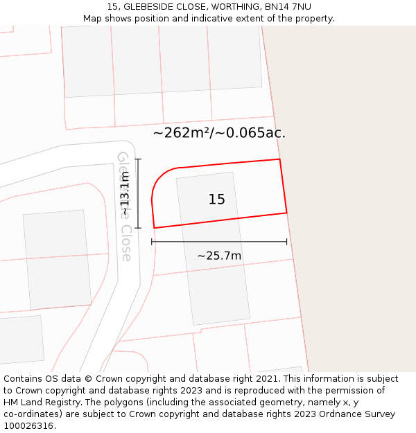 15, GLEBESIDE CLOSE, WORTHING, BN14 7NU: Plot and title map