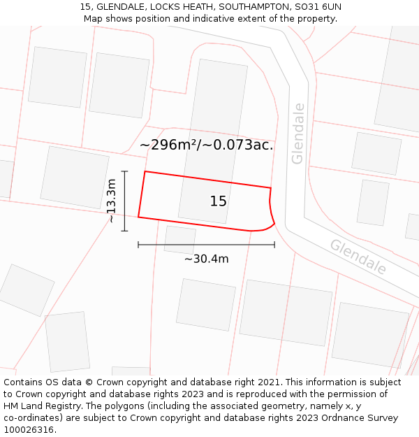 15, GLENDALE, LOCKS HEATH, SOUTHAMPTON, SO31 6UN: Plot and title map