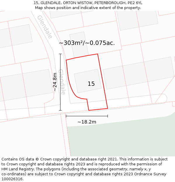 15, GLENDALE, ORTON WISTOW, PETERBOROUGH, PE2 6YL: Plot and title map