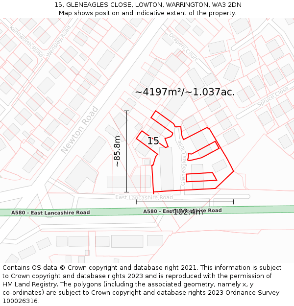 15, GLENEAGLES CLOSE, LOWTON, WARRINGTON, WA3 2DN: Plot and title map