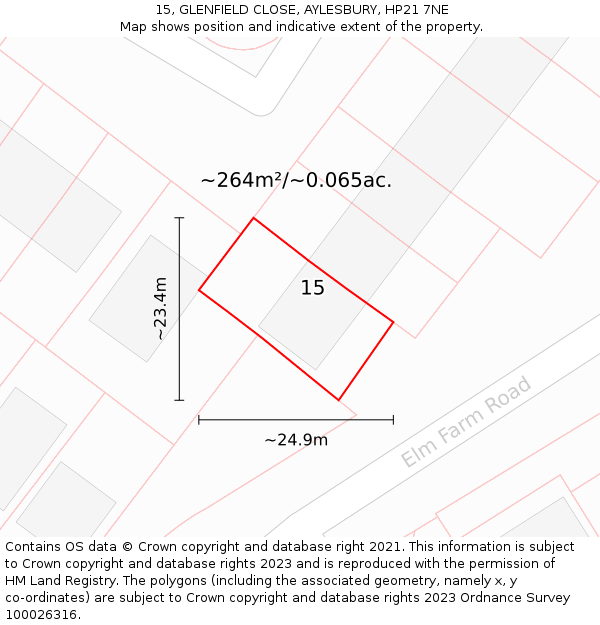 15, GLENFIELD CLOSE, AYLESBURY, HP21 7NE: Plot and title map