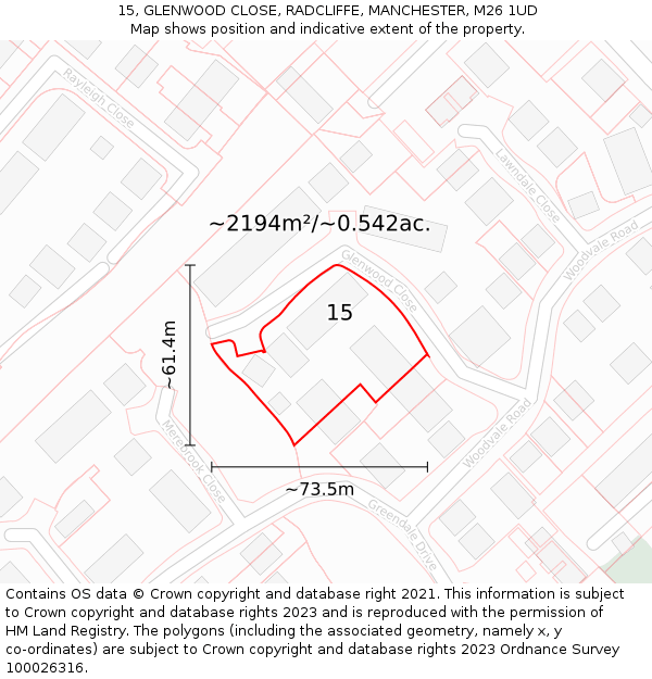 15, GLENWOOD CLOSE, RADCLIFFE, MANCHESTER, M26 1UD: Plot and title map