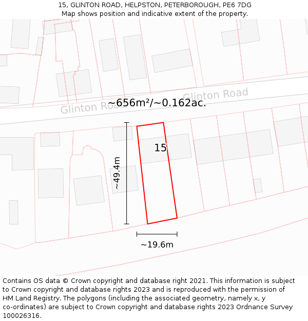 15, GLINTON ROAD, HELPSTON, PETERBOROUGH, PE6 7DG: Plot and title map