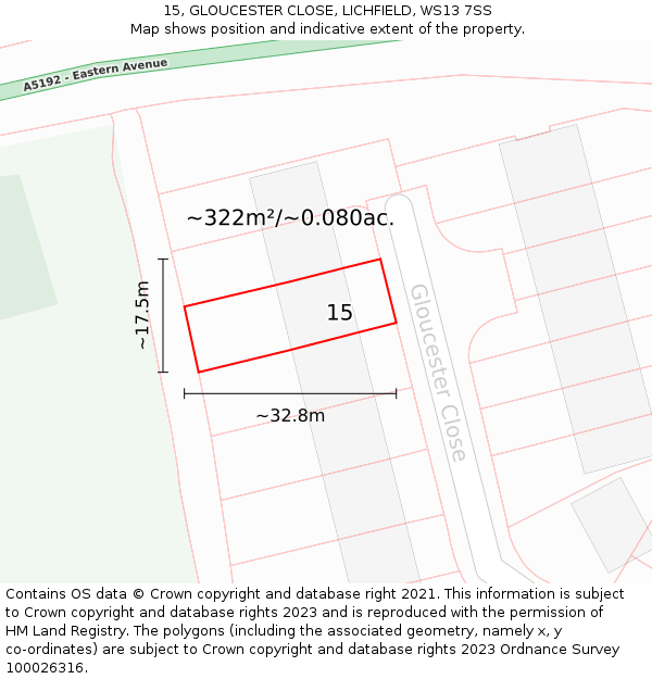 15, GLOUCESTER CLOSE, LICHFIELD, WS13 7SS: Plot and title map