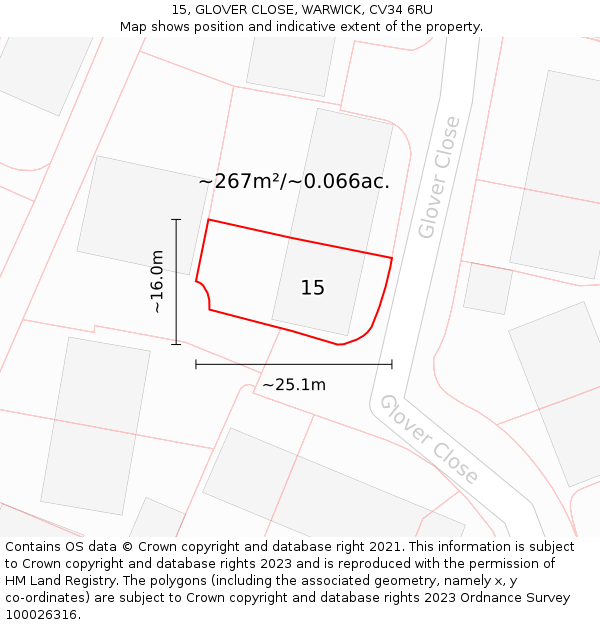 15, GLOVER CLOSE, WARWICK, CV34 6RU: Plot and title map