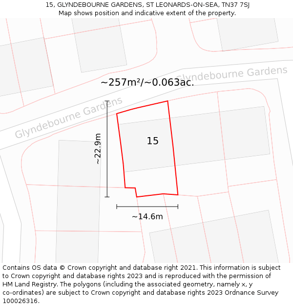 15, GLYNDEBOURNE GARDENS, ST LEONARDS-ON-SEA, TN37 7SJ: Plot and title map