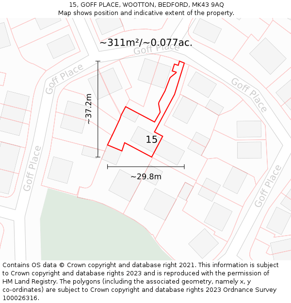 15, GOFF PLACE, WOOTTON, BEDFORD, MK43 9AQ: Plot and title map