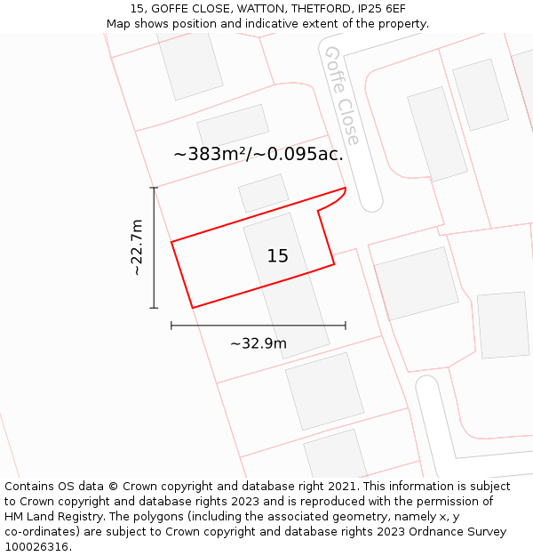 15, GOFFE CLOSE, WATTON, THETFORD, IP25 6EF: Plot and title map
