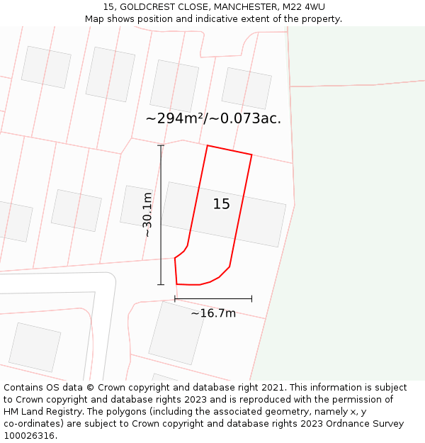 15, GOLDCREST CLOSE, MANCHESTER, M22 4WU: Plot and title map