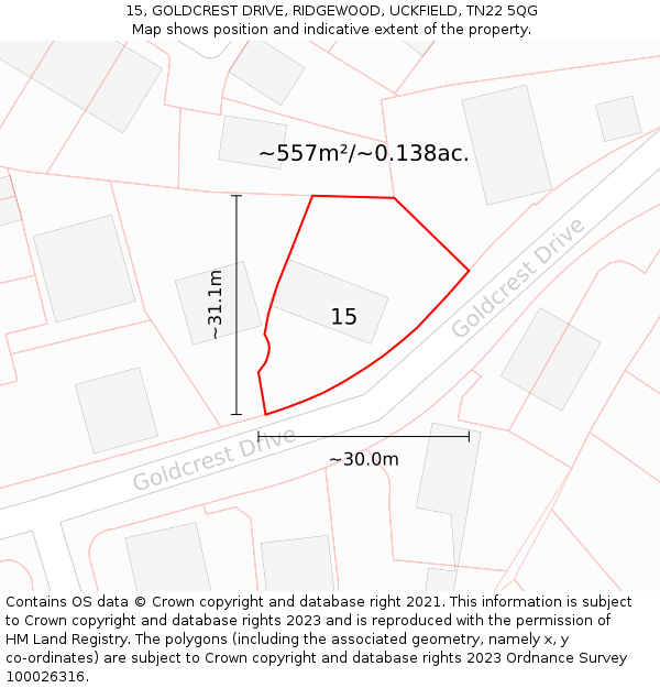 15, GOLDCREST DRIVE, RIDGEWOOD, UCKFIELD, TN22 5QG: Plot and title map