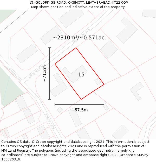 15, GOLDRINGS ROAD, OXSHOTT, LEATHERHEAD, KT22 0QP: Plot and title map