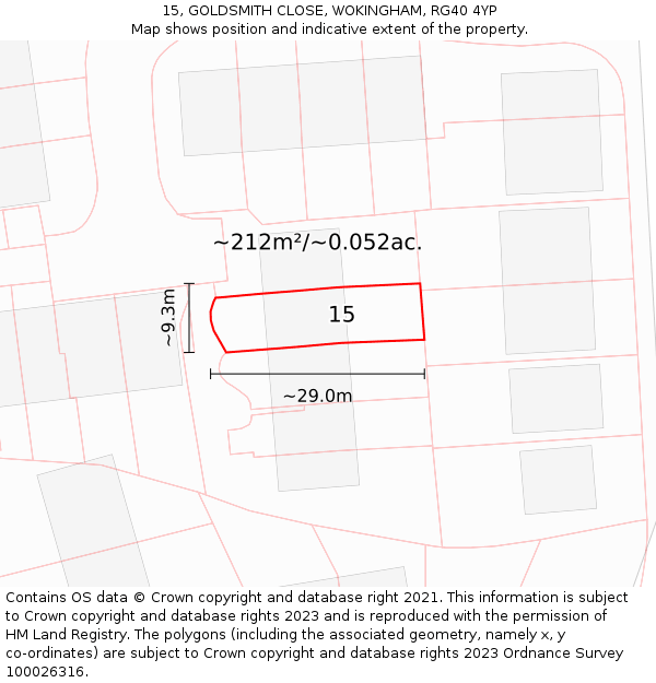 15, GOLDSMITH CLOSE, WOKINGHAM, RG40 4YP: Plot and title map