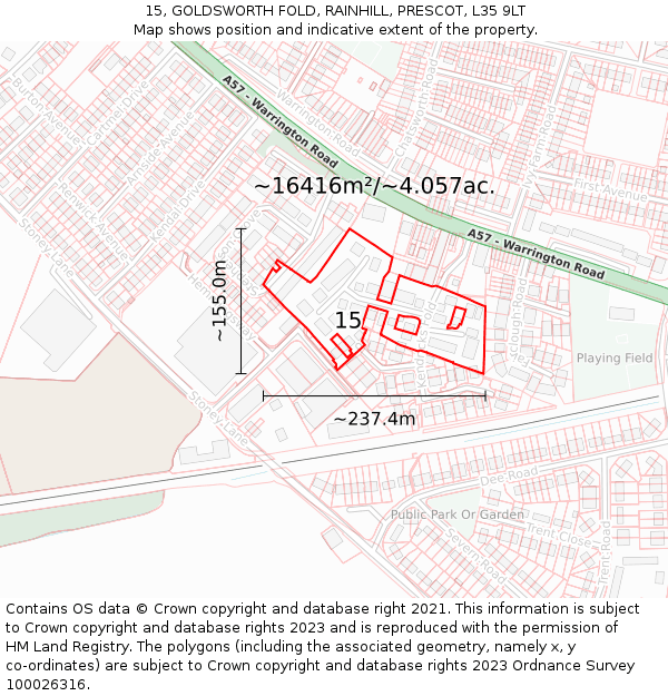 15, GOLDSWORTH FOLD, RAINHILL, PRESCOT, L35 9LT: Plot and title map