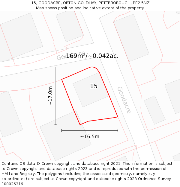 15, GOODACRE, ORTON GOLDHAY, PETERBOROUGH, PE2 5NZ: Plot and title map