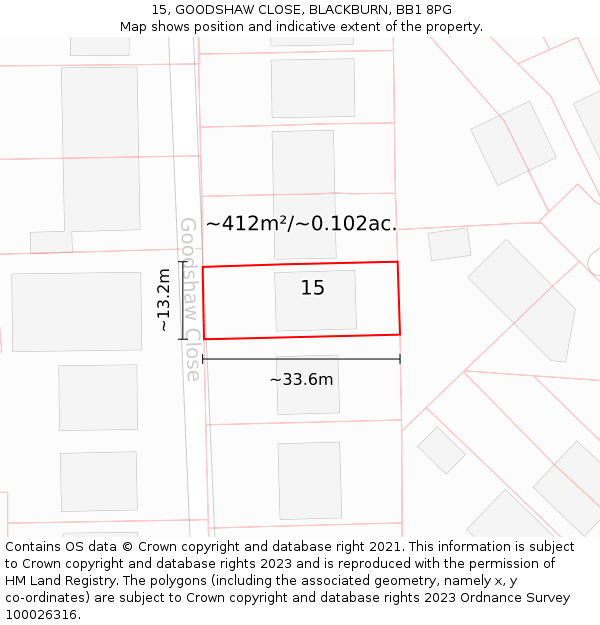 15, GOODSHAW CLOSE, BLACKBURN, BB1 8PG: Plot and title map