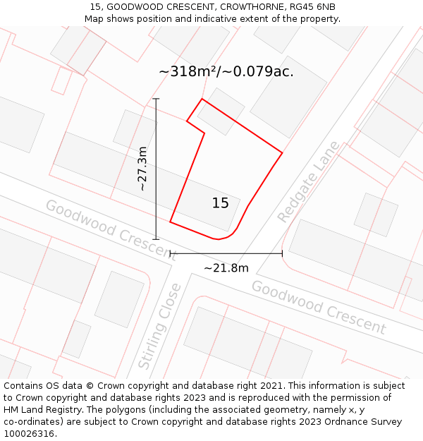 15, GOODWOOD CRESCENT, CROWTHORNE, RG45 6NB: Plot and title map