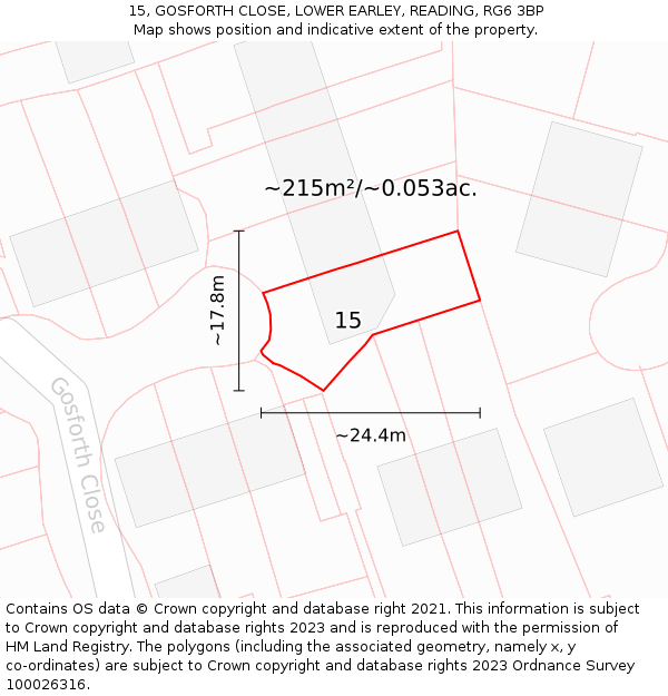 15, GOSFORTH CLOSE, LOWER EARLEY, READING, RG6 3BP: Plot and title map