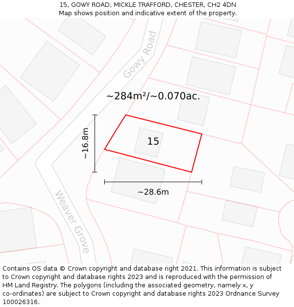 15, GOWY ROAD, MICKLE TRAFFORD, CHESTER, CH2 4DN: Plot and title map