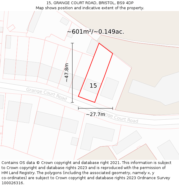 15, GRANGE COURT ROAD, BRISTOL, BS9 4DP: Plot and title map