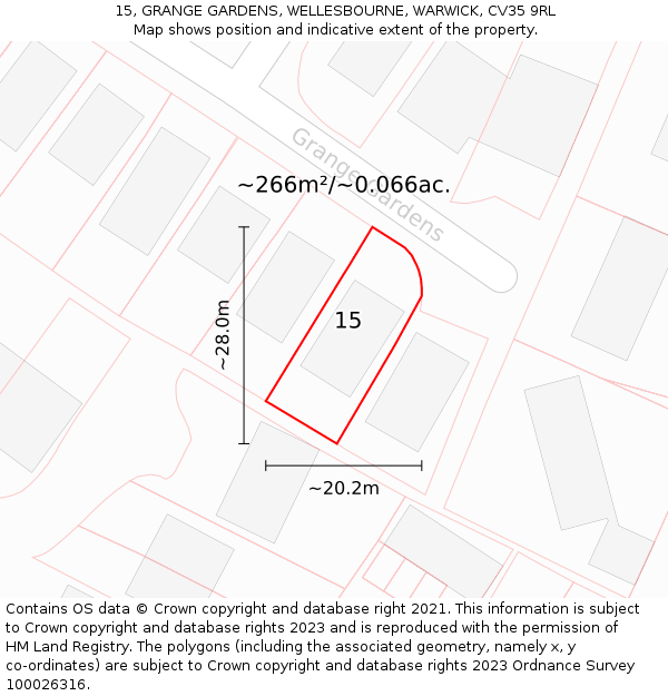15, GRANGE GARDENS, WELLESBOURNE, WARWICK, CV35 9RL: Plot and title map