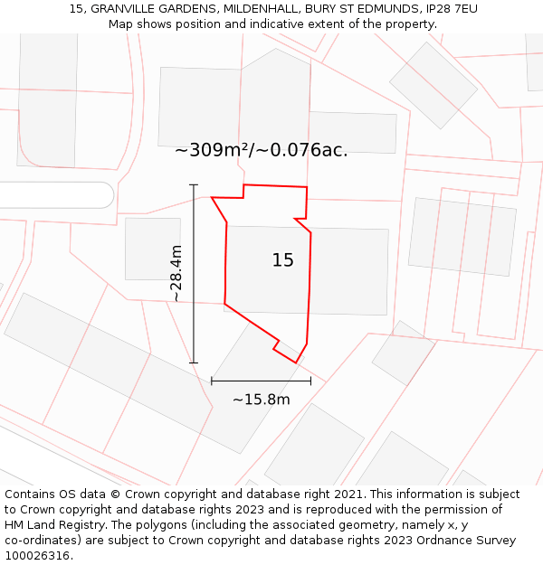 15, GRANVILLE GARDENS, MILDENHALL, BURY ST EDMUNDS, IP28 7EU: Plot and title map