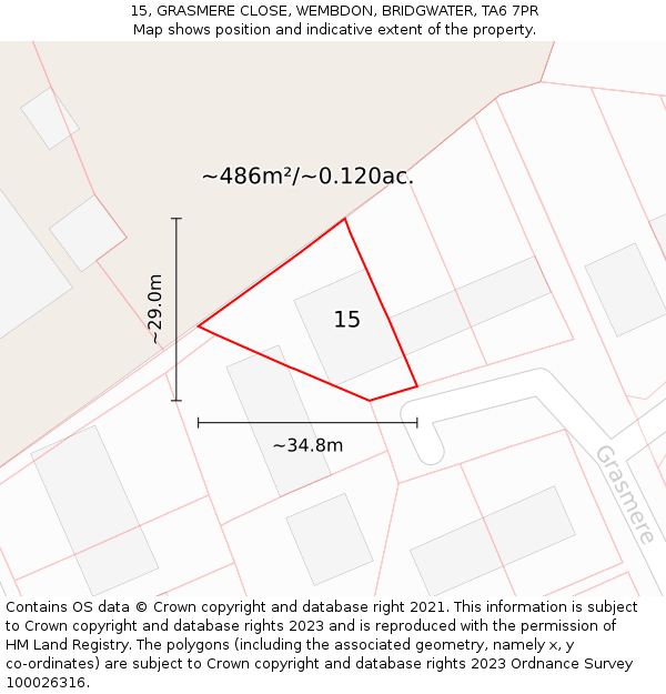 15, GRASMERE CLOSE, WEMBDON, BRIDGWATER, TA6 7PR: Plot and title map
