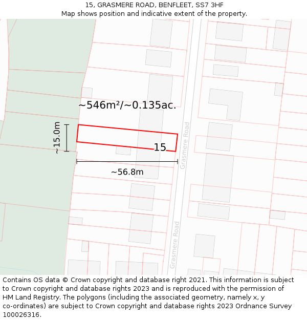 15, GRASMERE ROAD, BENFLEET, SS7 3HF: Plot and title map