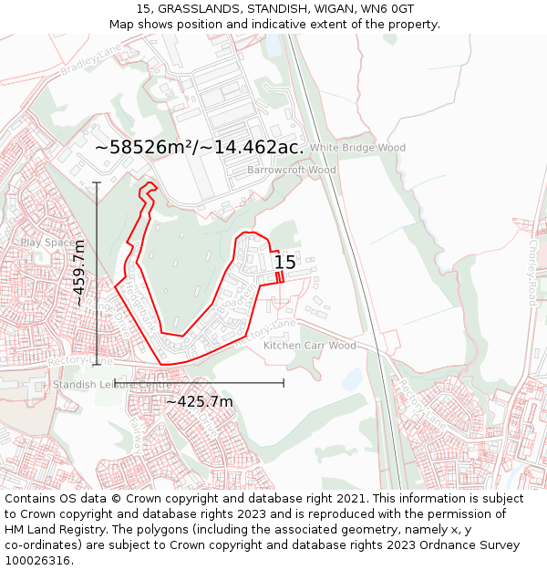 15, GRASSLANDS, STANDISH, WIGAN, WN6 0GT: Plot and title map