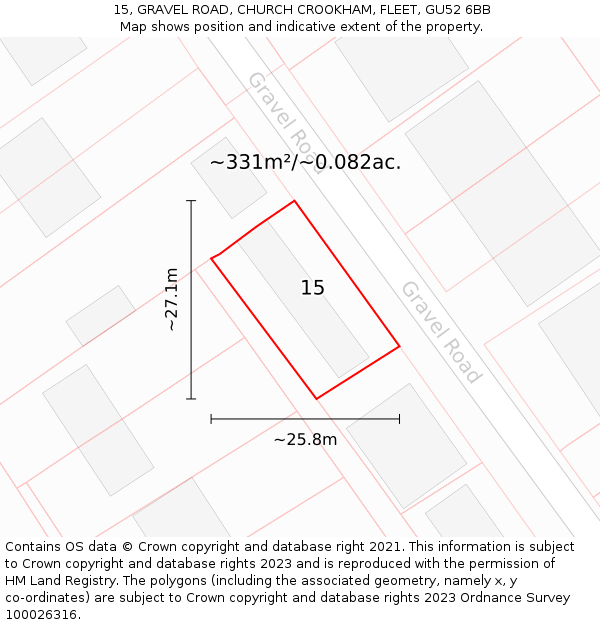 15, GRAVEL ROAD, CHURCH CROOKHAM, FLEET, GU52 6BB: Plot and title map
