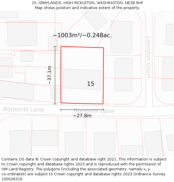 15, GRAYLANDS, HIGH RICKLETON, WASHINGTON, NE38 9HF: Plot and title map
