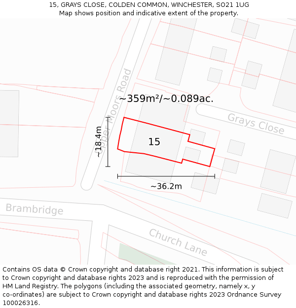 15, GRAYS CLOSE, COLDEN COMMON, WINCHESTER, SO21 1UG: Plot and title map