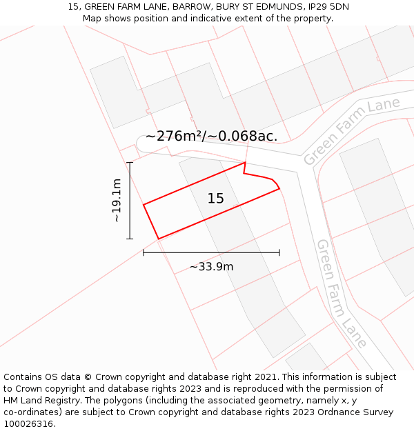 15, GREEN FARM LANE, BARROW, BURY ST EDMUNDS, IP29 5DN: Plot and title map