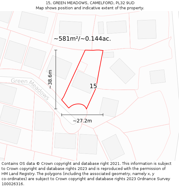 15, GREEN MEADOWS, CAMELFORD, PL32 9UD: Plot and title map