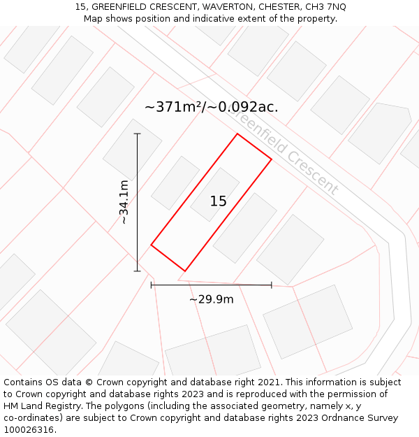 15, GREENFIELD CRESCENT, WAVERTON, CHESTER, CH3 7NQ: Plot and title map